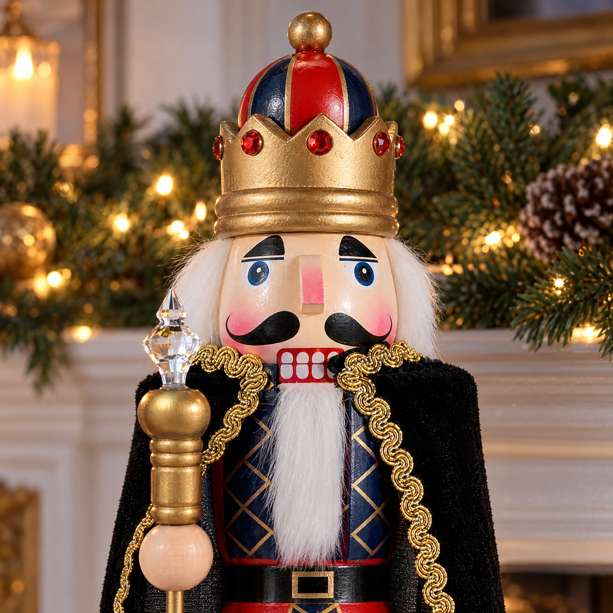 Nahaufnahme des Nussknackers mit goldener Krone, Zepter mit Kristallspitze und schwarzem Umhang mit Goldborte
