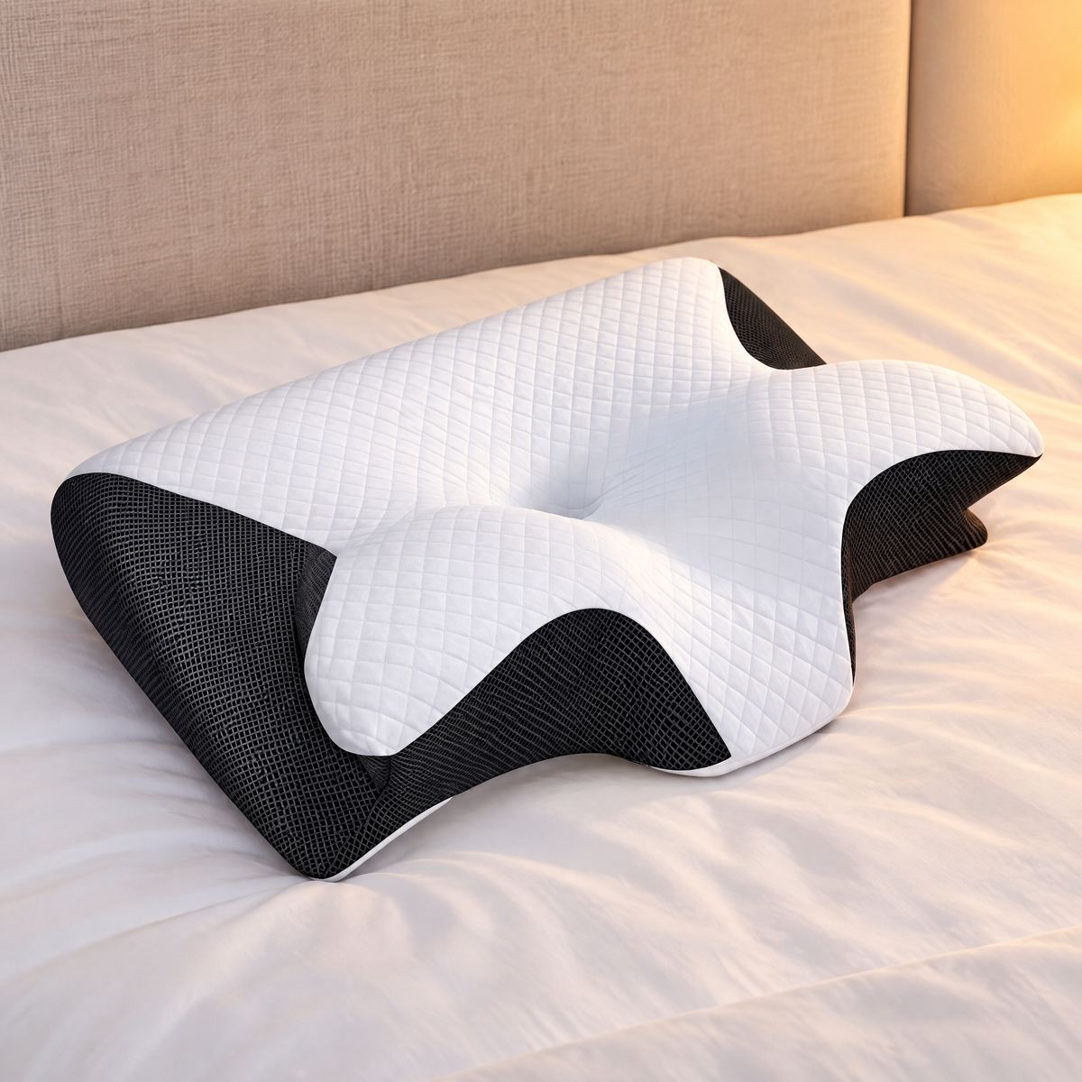 Orthopädisches Nackenkissen in Butterfly-Form, Weiß mit schwarzen Mesh-Seiten, auf weißem Hotelbett am Abend