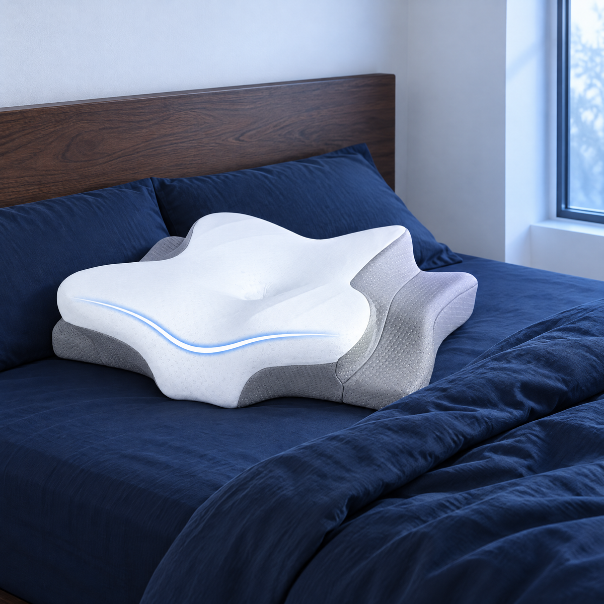 Nackenkissen im Schlafzimmer mit dunkelblauer Bettwäsche im Morgenlicht