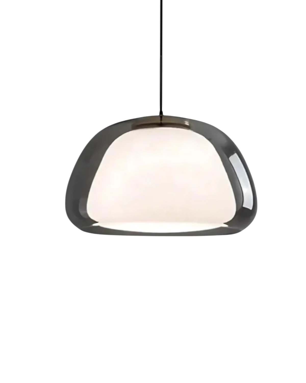 Pendelleuchte Glas in Rauchgrau mit weißem Opalglas, eingeschaltet vor dunklem Hintergrund