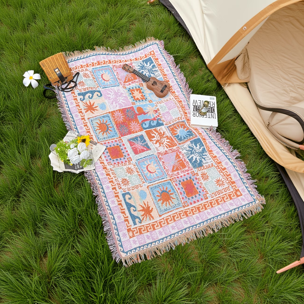 Bunte Boho Picknickdecke mit Fransen | Waschbare Polyester Outdoor-Decke für Camping, Strand, Sofa und Garten