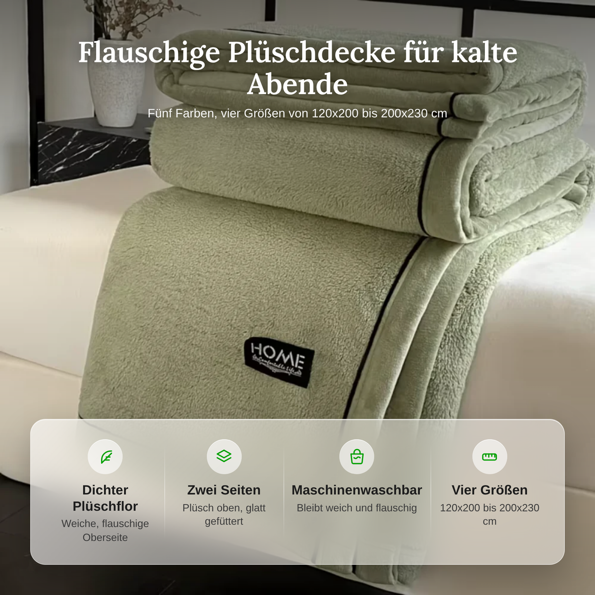 Merkmale der Plüschdecke: Plüschflor, zwei Seiten, maschinenwaschbar, vier Größen