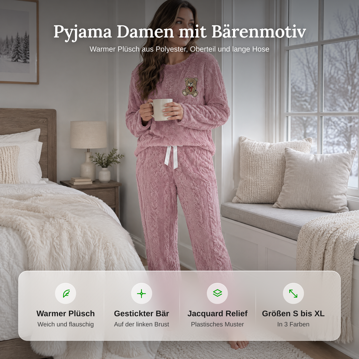 Vorteile des Pyjamas: warmer Plüsch, gestickter Bär, Jacquard Relief, Größen S bis XL in 3 Farben