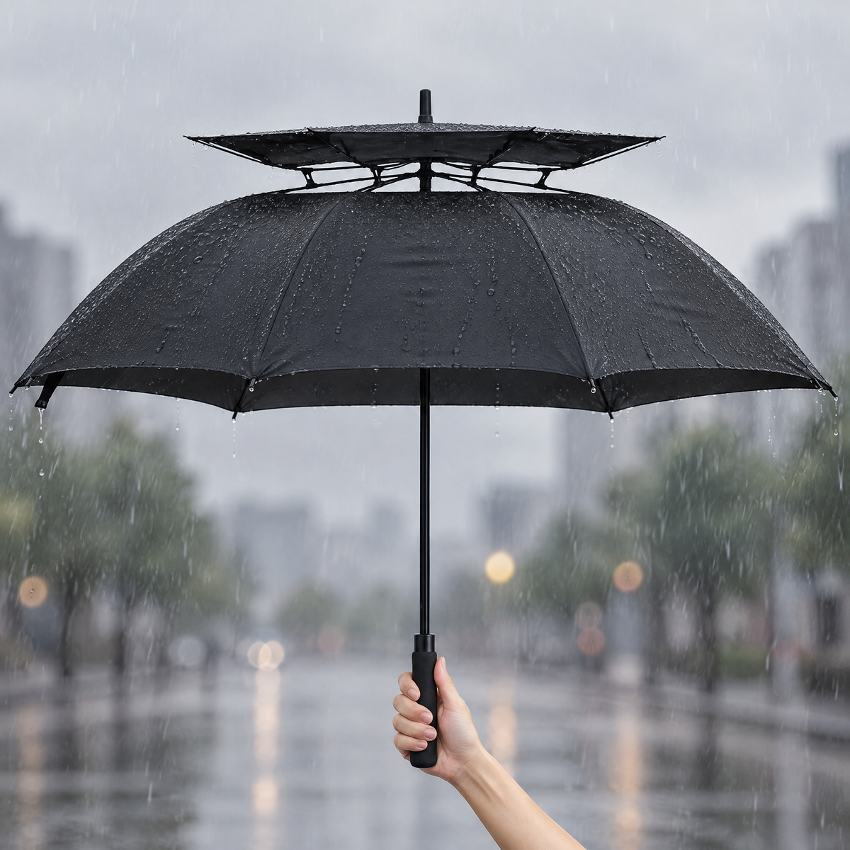 Regenschirm groß in Schwarz mit belüftetem Doppeldach, geöffnet im Regen