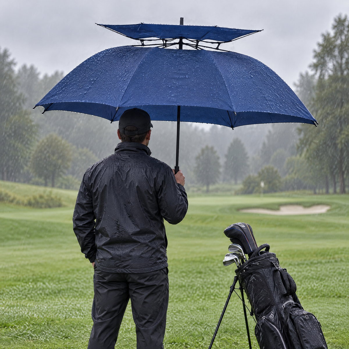 Golfschirm in Marineblau mit Doppeldach auf dem Golfplatz bei Nieselregen