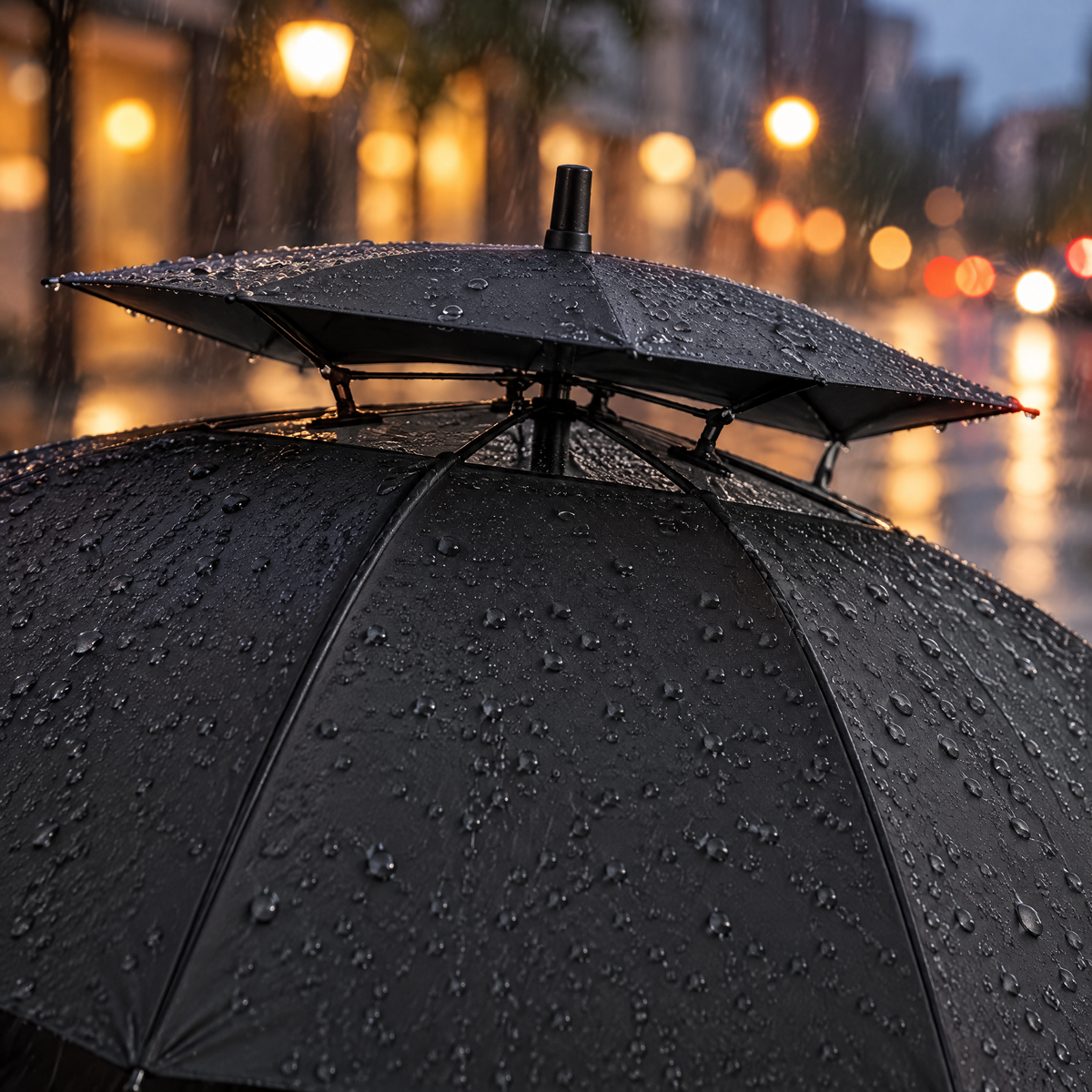 Detailaufnahme des belüfteten Doppeldachs am schwarzen Regenschirm mit Regentropfen
