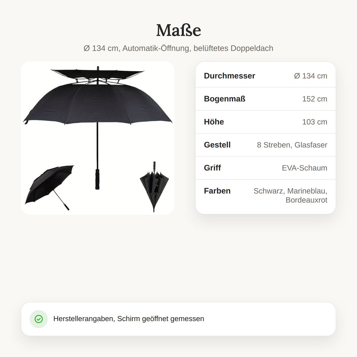 Maße und Details des Regenschirms: Ø 134 cm, Bogenmaß 152 cm, Höhe 103 cm