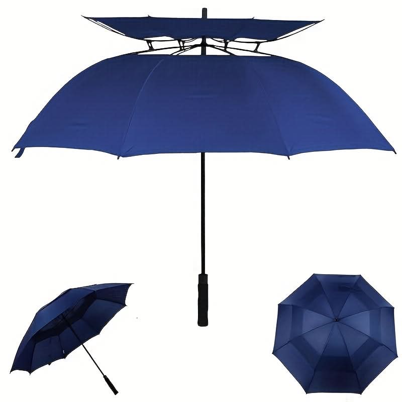 Regenschirm groß in Marineblau mit Doppeldach, geöffnet und geschlossen