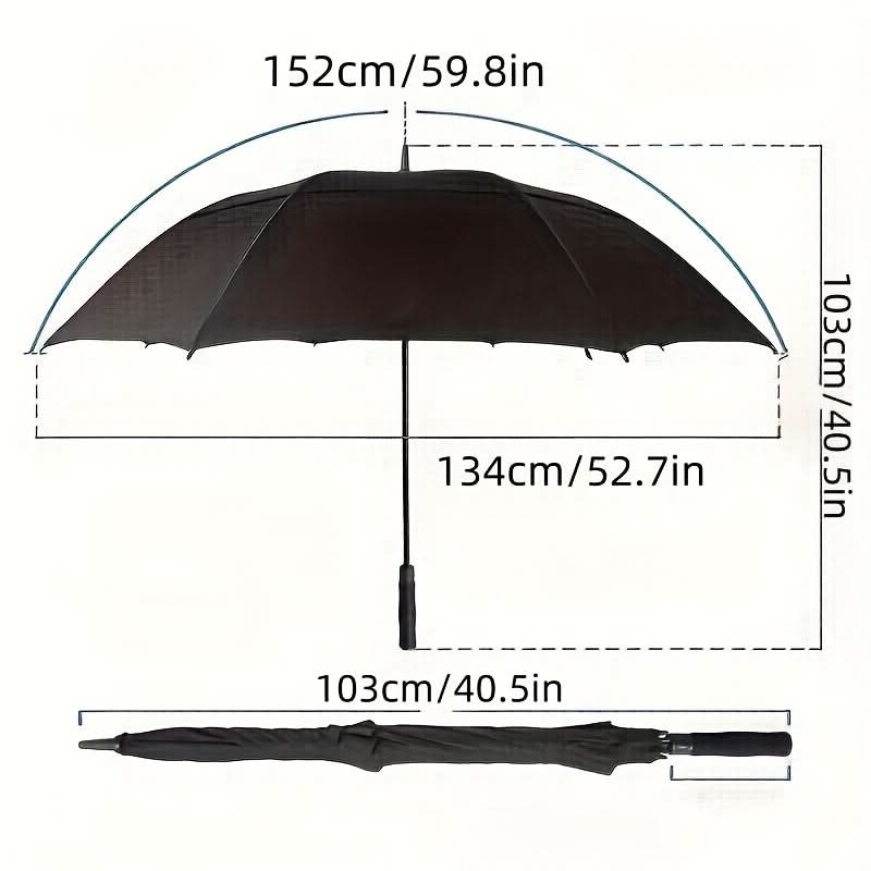 Maße des Regenschirms: Ø 134 cm, Bogen 152 cm, Höhe 103 cm
