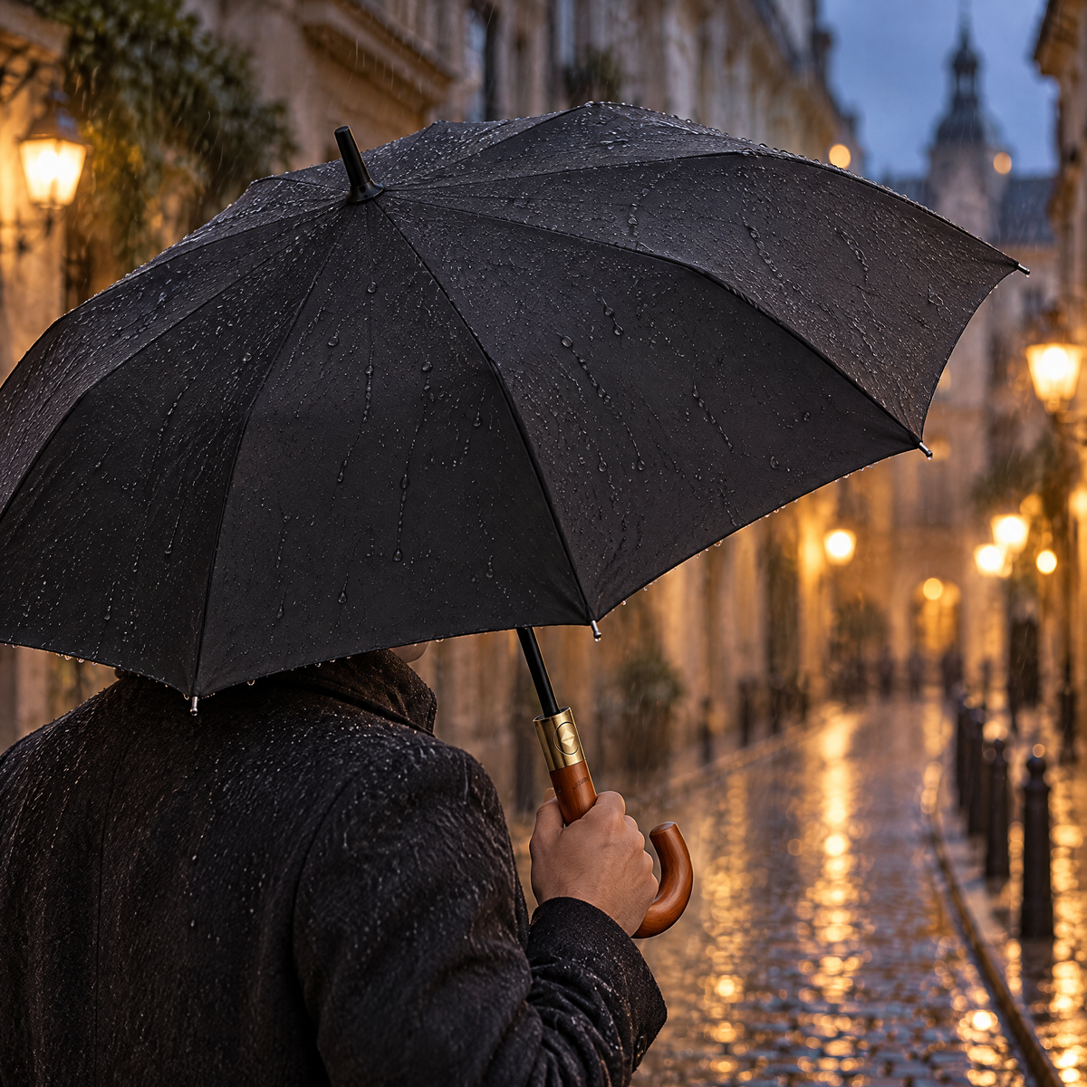 Großer schwarzer Regenschirm mit Holzgriff, aufgespannt in einer regnerischen Altstadtgasse am Abend
