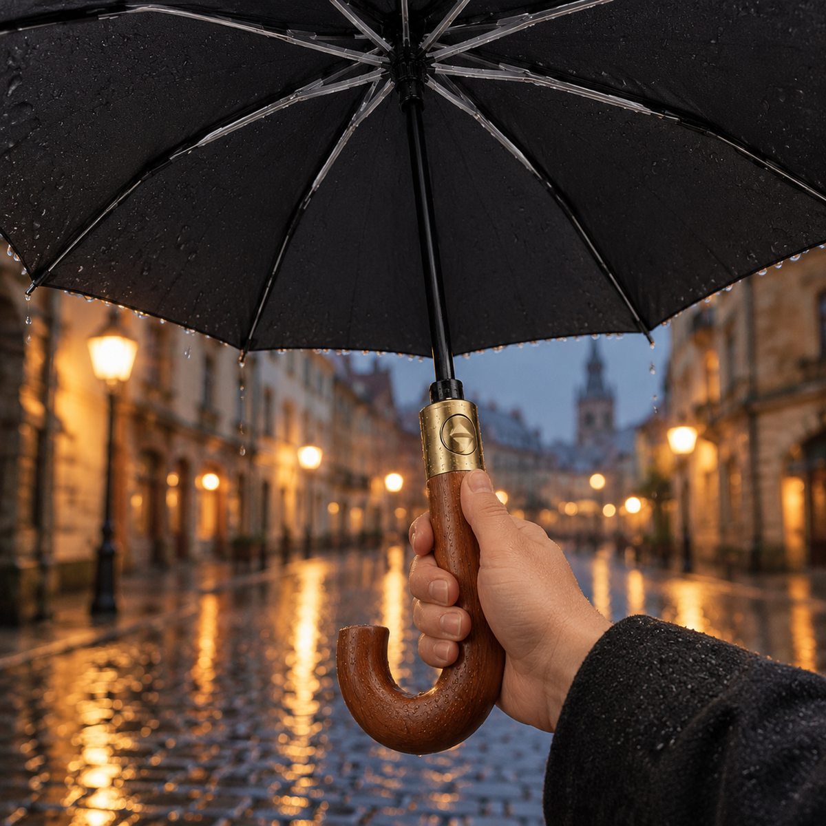 Hand hält den Regenschirm am Rundhakengriff aus Holz, darunter die nasse Kopfsteinpflastergasse im Abendlicht