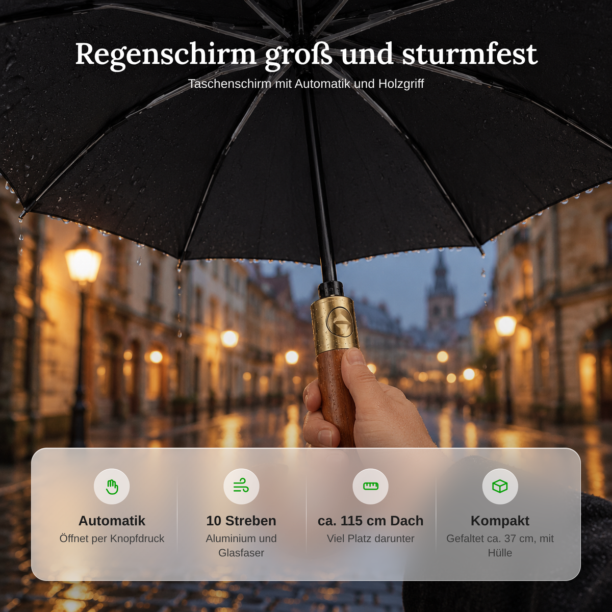 Vorteile des Regenschirms: Automatik per Knopfdruck, 10 Streben aus Aluminium und Glasfaser, ca. 115 cm Schirmdach, kompakt mit Hülle