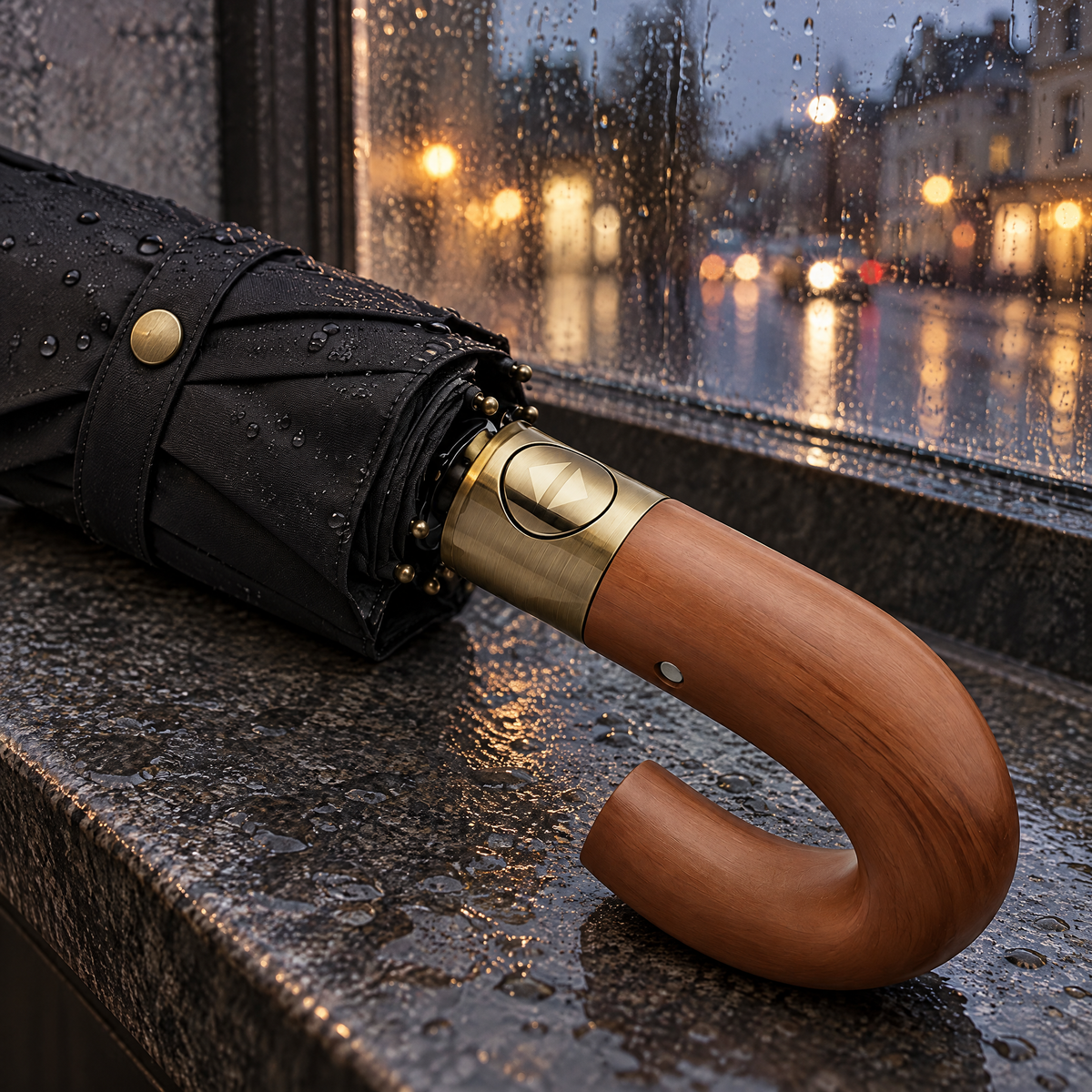 Nahaufnahme des Rundhakengriffs aus Holz mit goldfarbener Manschette und Automatik-Knopf am zusammengeklappten Regenschirm