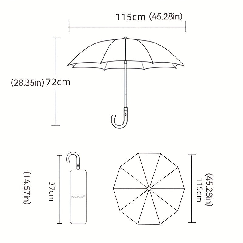 Maßzeichnung des Regenschirms: ca. 115 cm Durchmesser, 72 cm Länge offen, 37 cm gefaltet