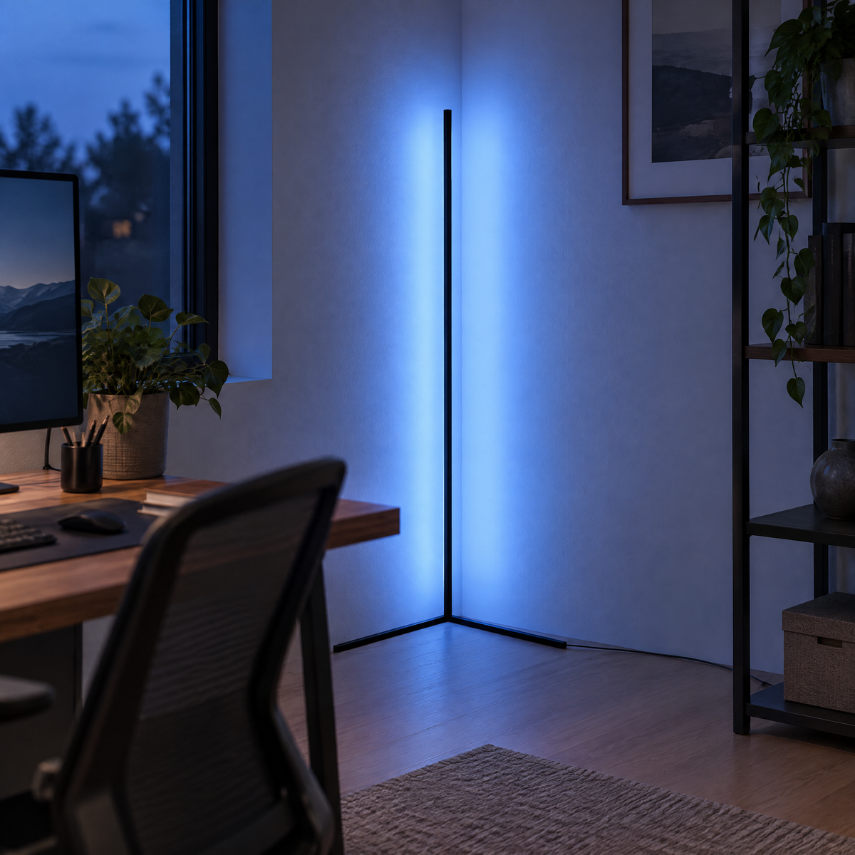 RGB-Ecklampe in blauem Licht in der Ecke eines Homeoffice neben Schreibtisch und Stuhl