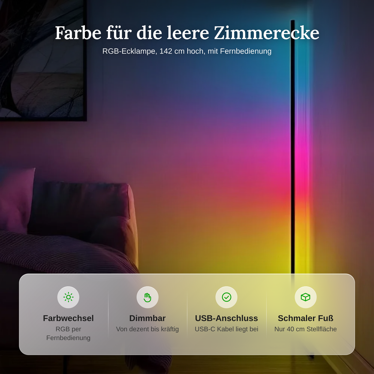 Merkmale der RGB-Ecklampe: Farbwechsel, Dimmfunktion, USB-Anschluss und schmaler Fuß