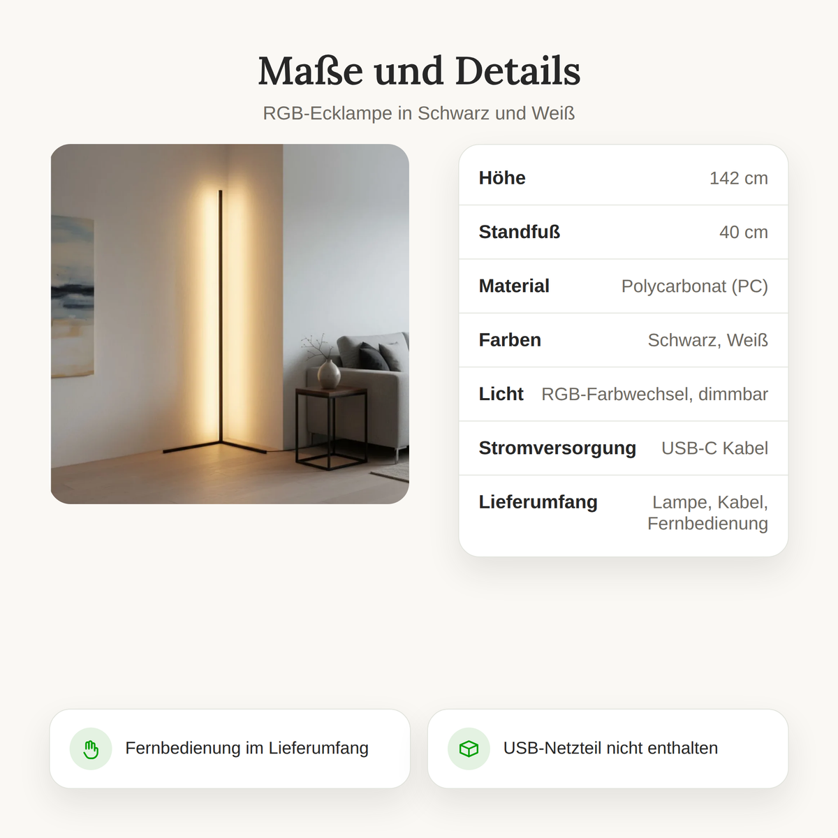 Maßtabelle der RGB-Ecklampe mit Höhe 142 cm, Standfuß 40 cm und Lieferumfang