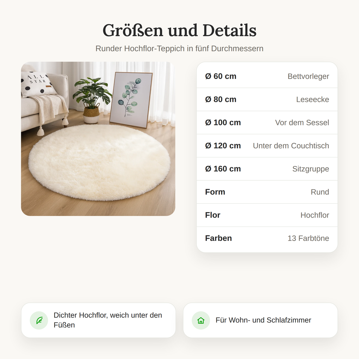Größentabelle des runden Hochflor-Teppichs mit den Durchmessern 60, 80, 100, 120 und 160 cm
