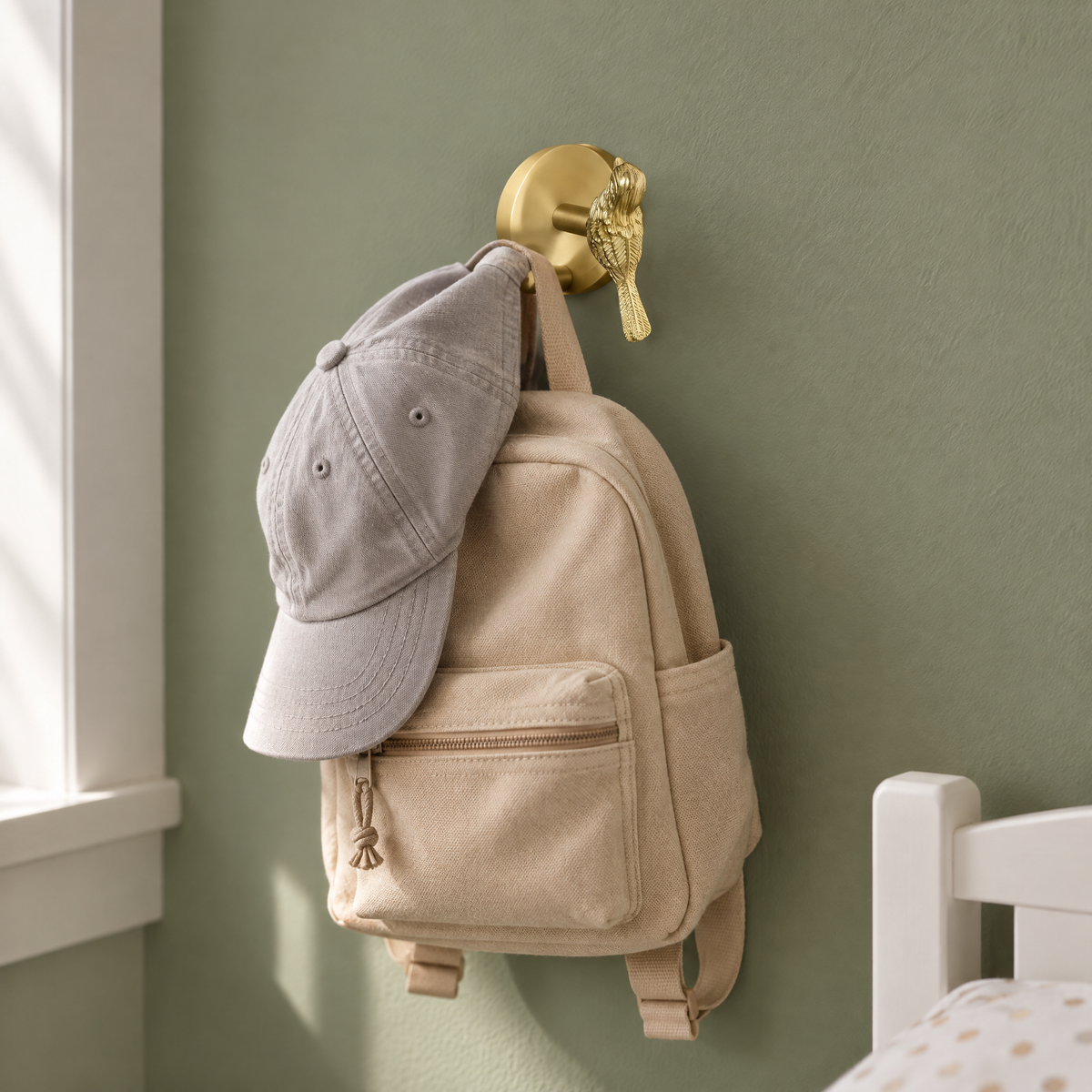 Wandhaken aus Messing mit Vogelmotiv, daran ein Kinderrucksack und eine Kappe
