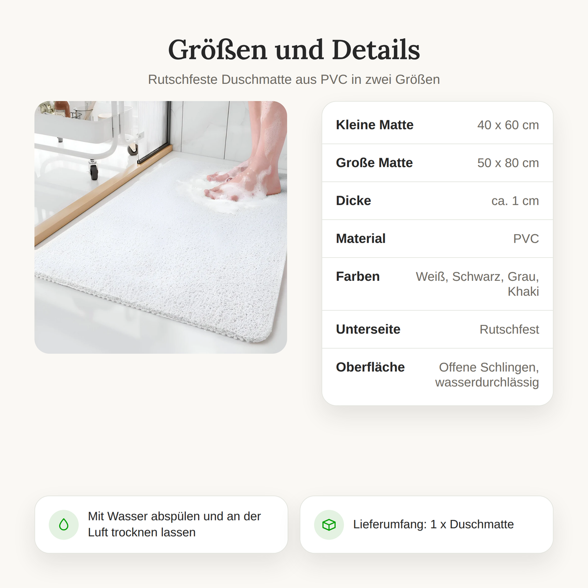 Größen der rutschfesten Duschmatte: 40 x 60 cm und 50 x 80 cm