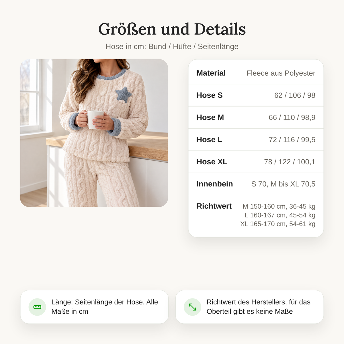 Größen des Schlafanzugs Damen mit Stern: Hosenmaße für S bis XL in cm und Größenempfehlung nach Körpergröße und Gewicht, Fleece aus Polyester
