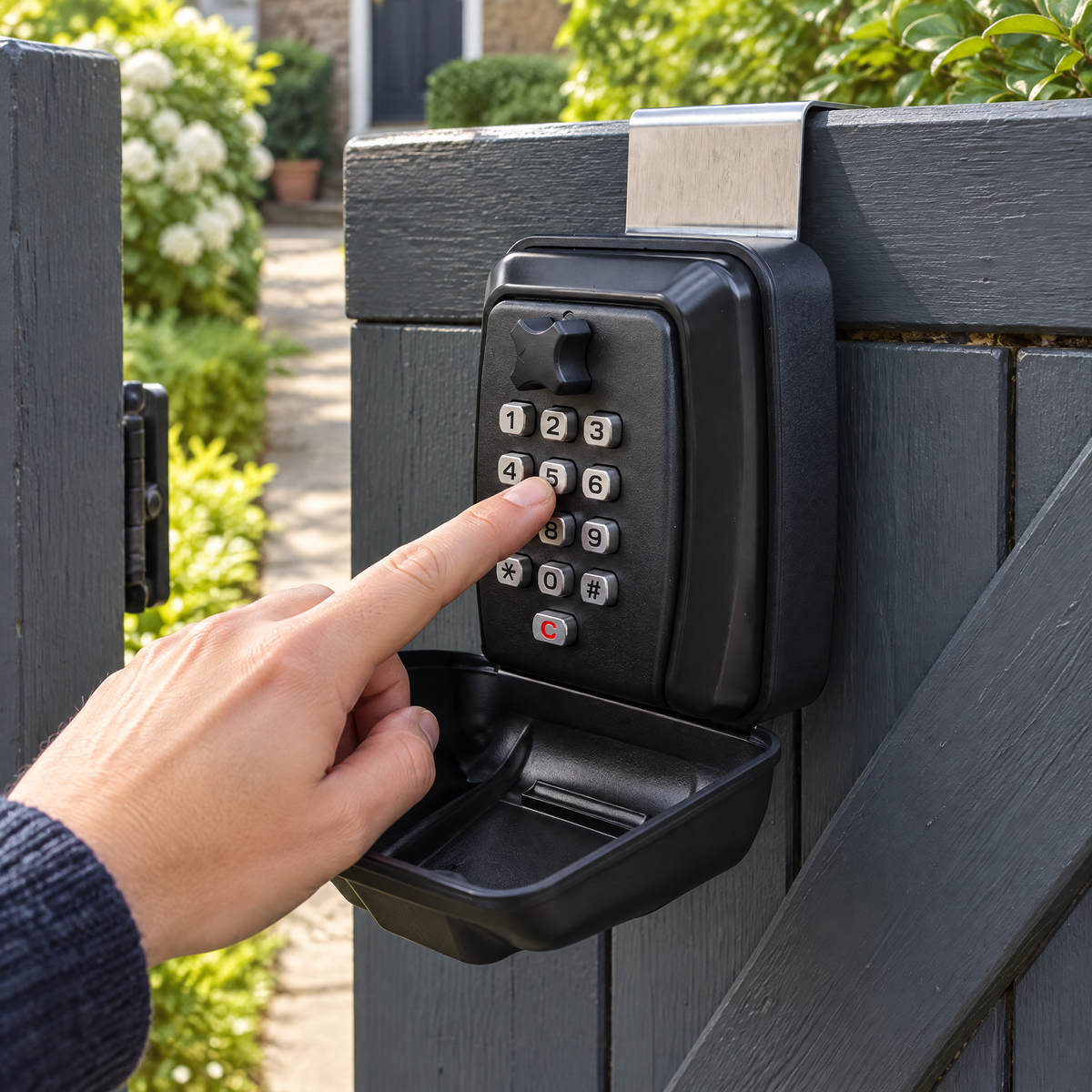 Schlüsseltresor mit Zahlencode am Türbügel über dem Gartentor eingehängt, Finger tippt den Code ein