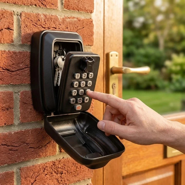 Schlüsseltresor mit Zahlencode an der Klinkerwand neben der Haustür, Finger tippt den Code ein