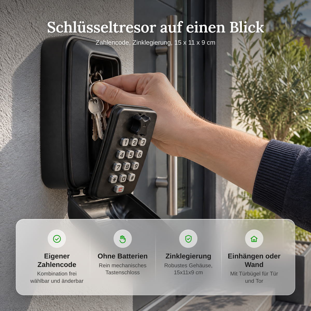 Vorteile des Schlüsseltresors im Überblick: eigener Zahlencode, ohne Batterien, Zinklegierung, Türbügel