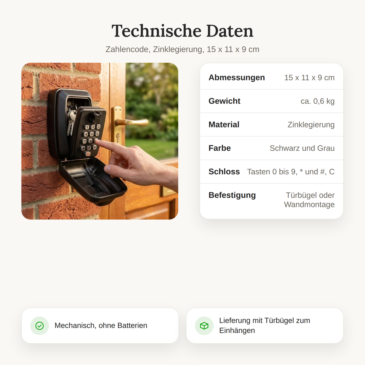 Maße und technische Daten des Schlüsseltresors: 15 x 11 x 9 cm, ca. 0,6 kg, Zinklegierung