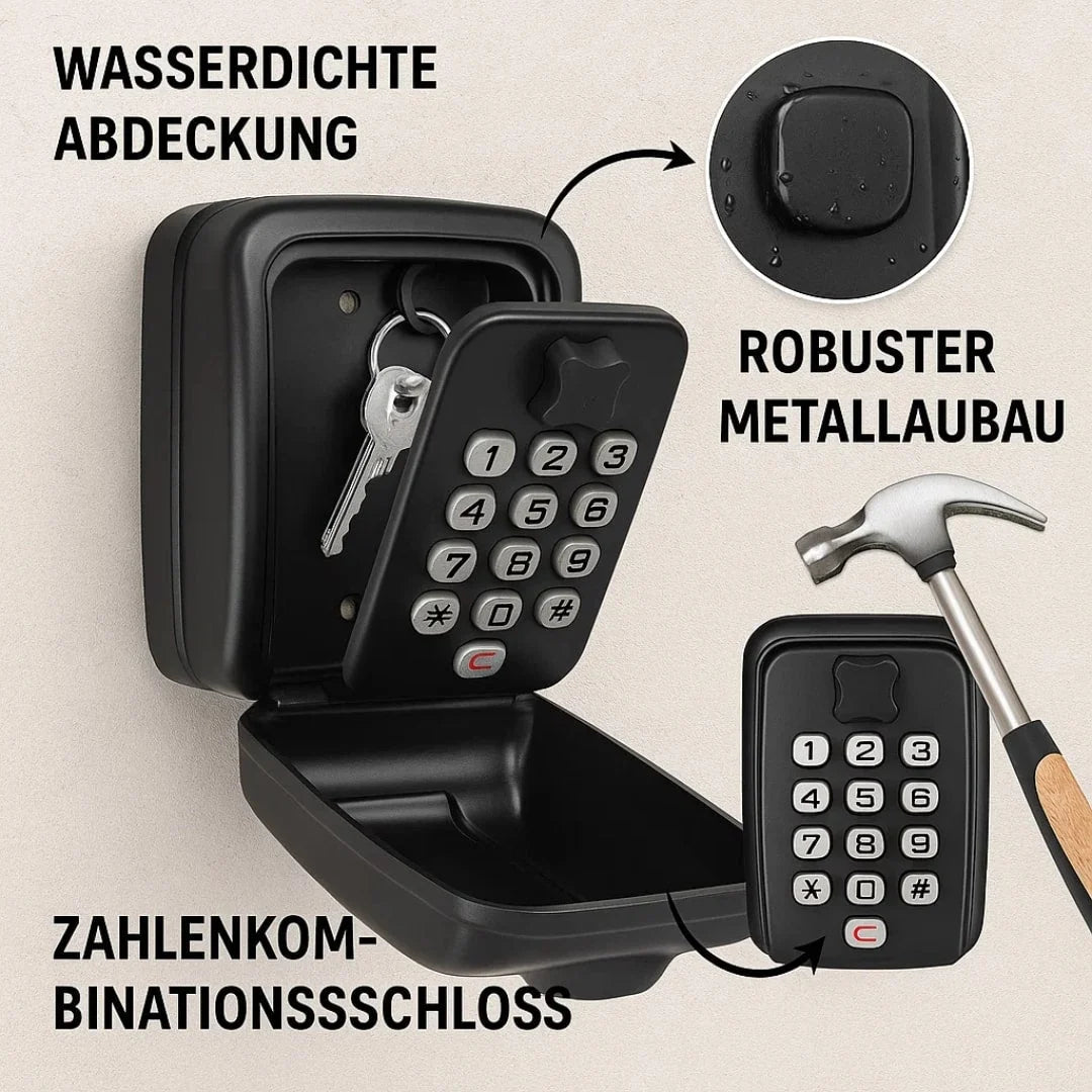Infografik des Lieferanten zum Schlüsseltresor mit Abdeckung, Metallgehäuse und Zahlenschloss