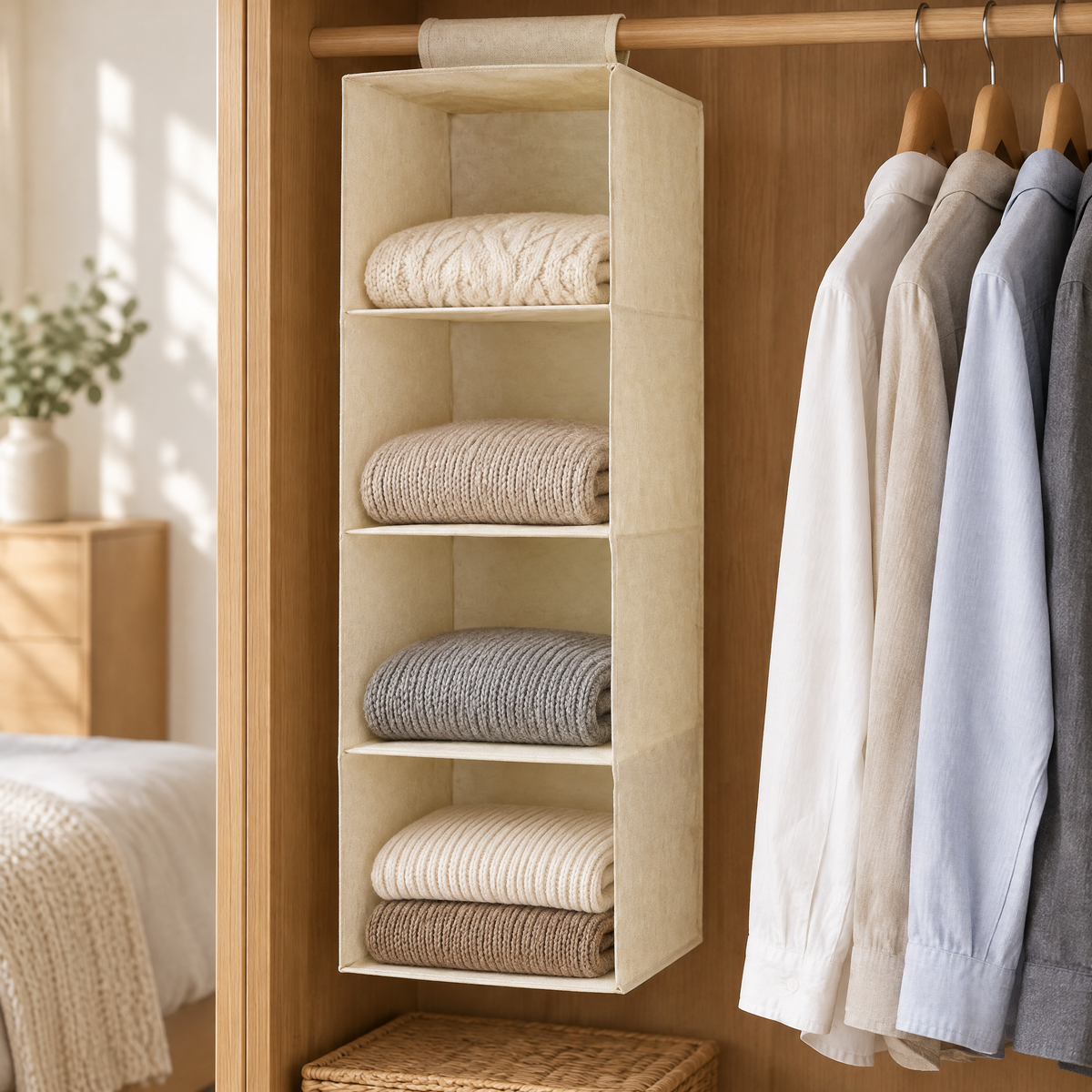 Beiger hängender Schrankorganizer im offenen Kleiderschrank, gefüllt mit gefalteten Pullovern