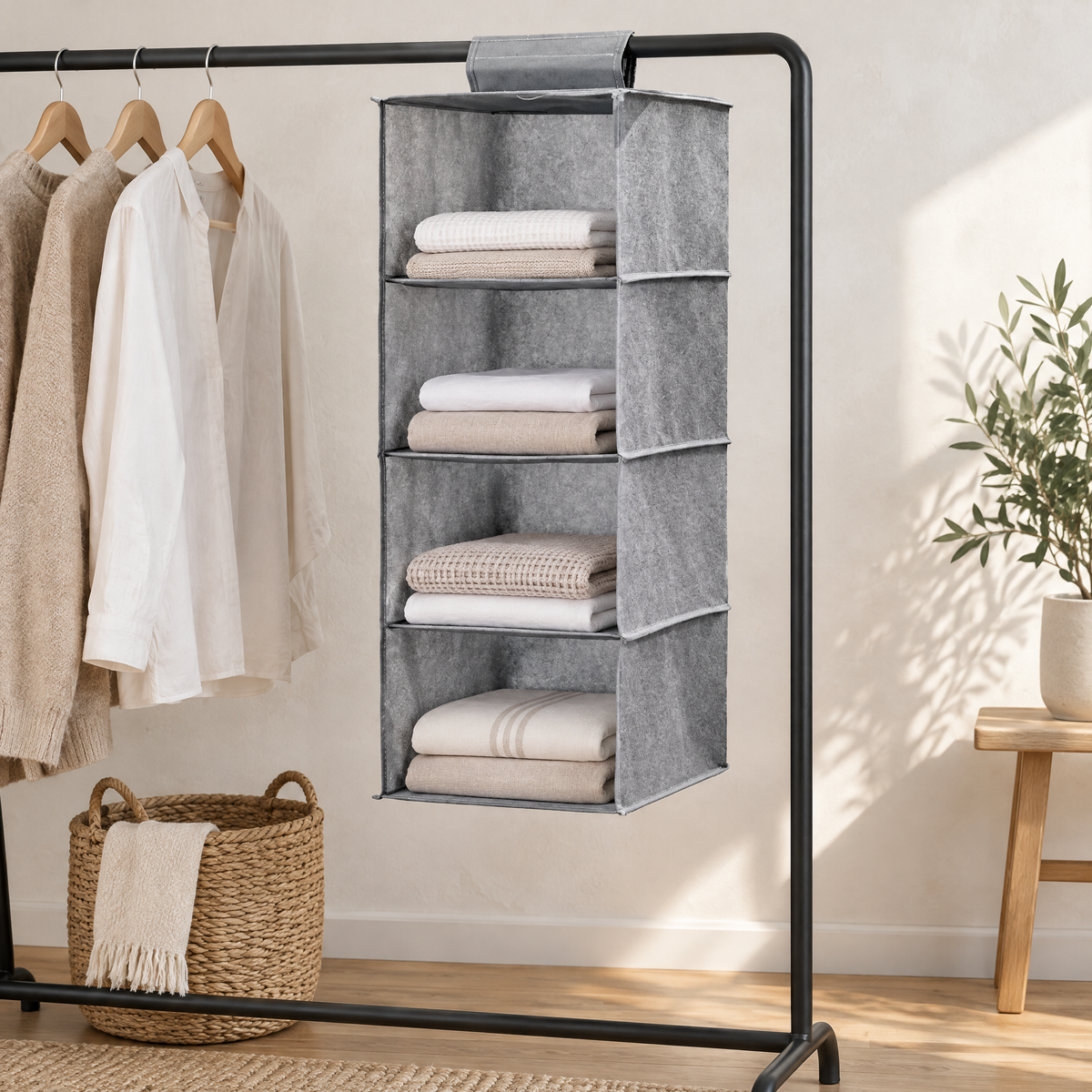 Grauer hängender Schrankorganizer an einer Kleiderstange vor heller Wand, gefüllt mit gefalteter Wäsche