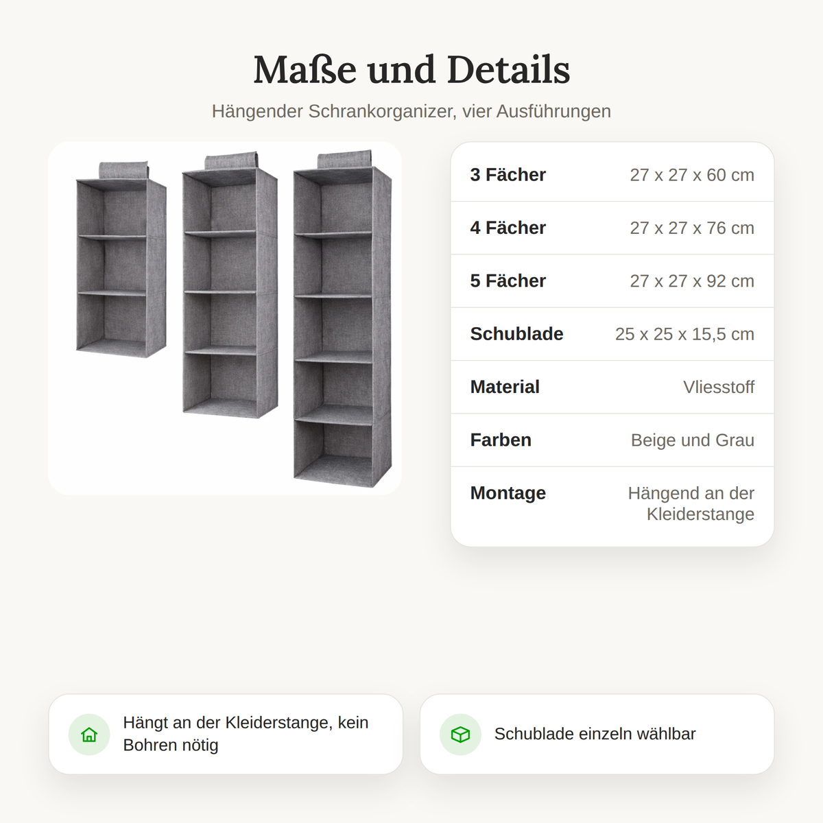 Maßtabelle des Schrankorganizers mit 3, 4 und 5 Fächern sowie passender Schublade