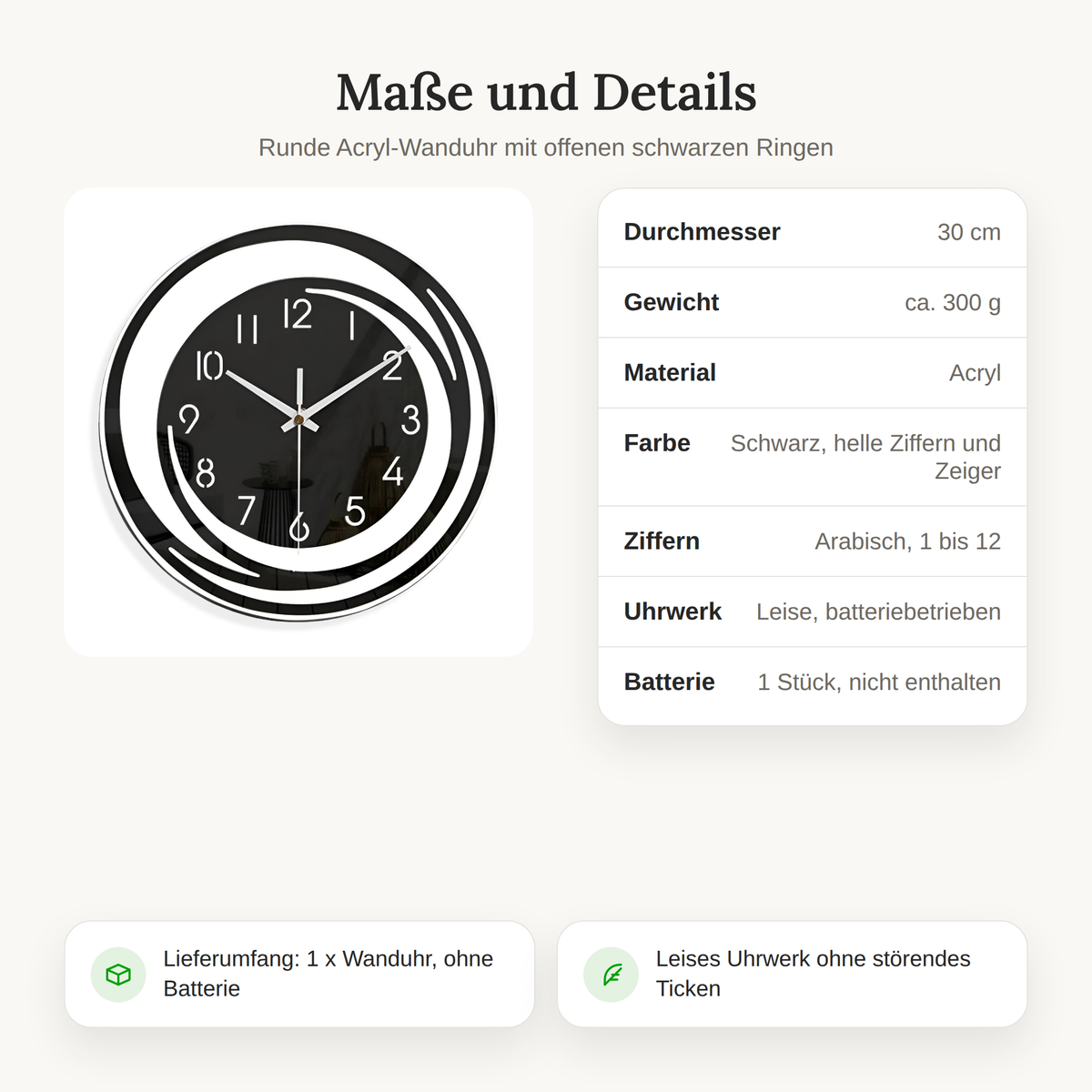 Maße und Details der Acryl-Wanduhr: 30 cm Durchmesser, ca. 300 g, Batterie nicht enthalten