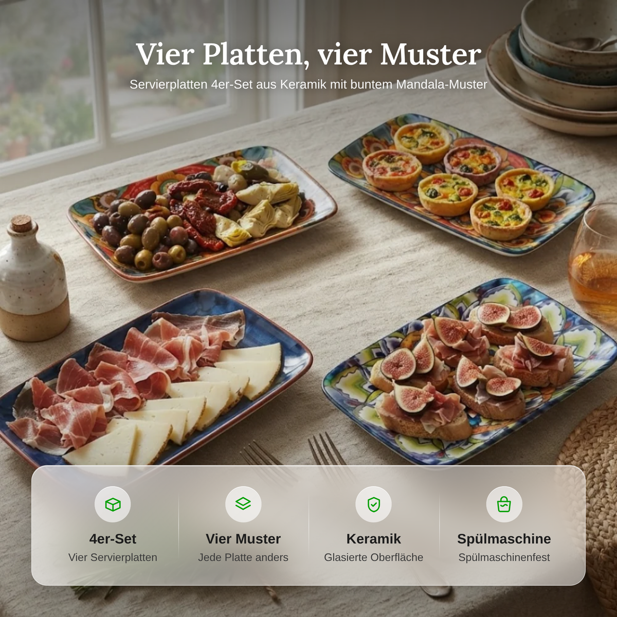 Merkmale der Servierplatten: 4er-Set, vier Muster, Keramik und spülmaschinenfest