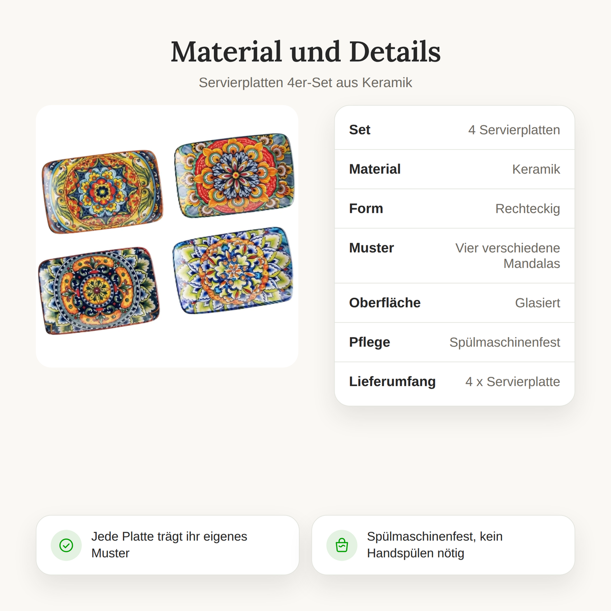 Details der Servierplatten aus Keramik mit vier verschiedenen Mandala-Mustern