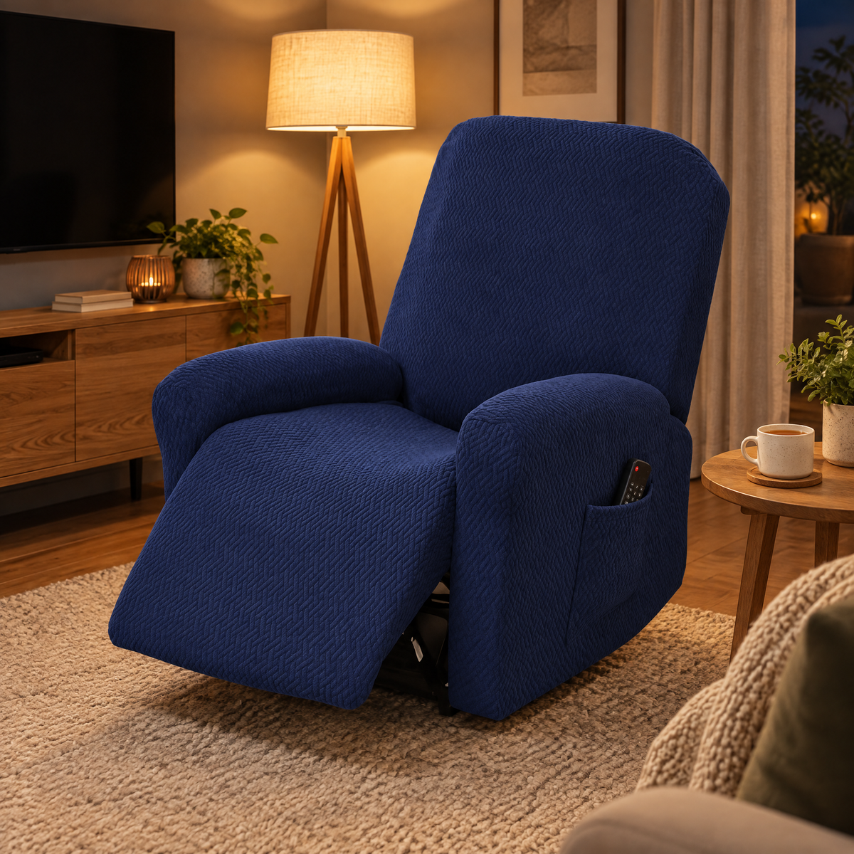 Sesselbezug für Relaxsessel in Dunkelblau im Wohnzimmer mit Fernsehecke am Abend