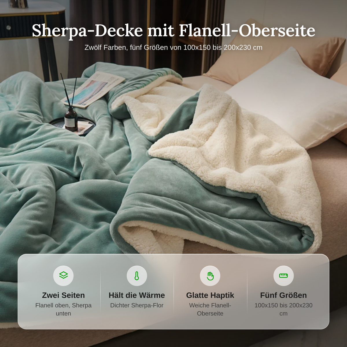 Merkmale der Sherpa-Decke: zwei Seiten, wärmend, glatte Haptik, fünf Größen