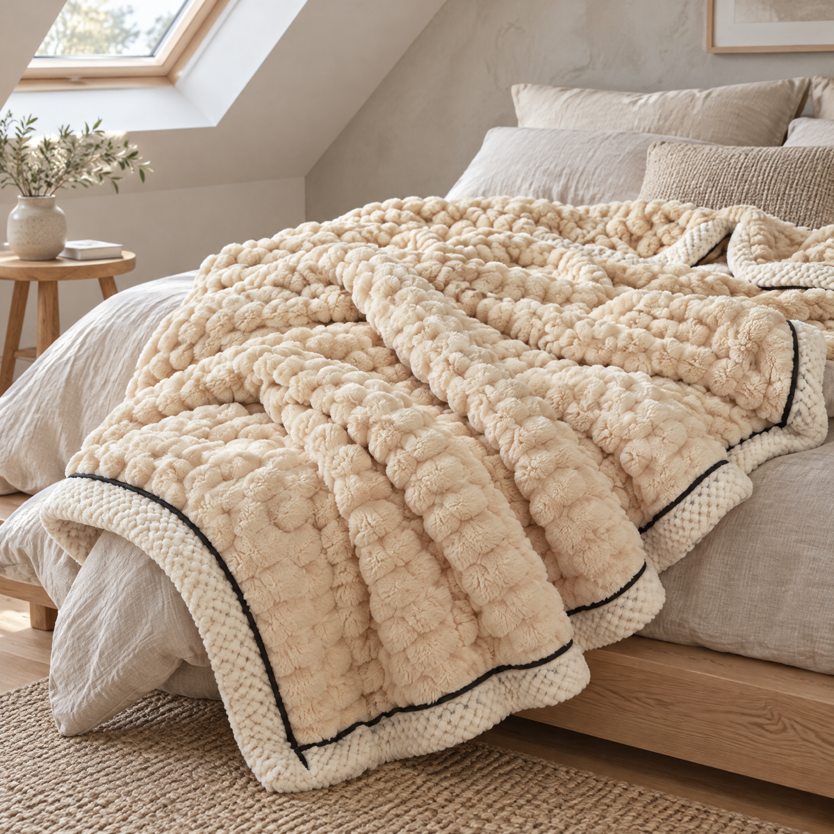 Flauschiges Sherpa-Plaid in Beige locker über ein Bett in einem hellen Dachzimmer gelegt