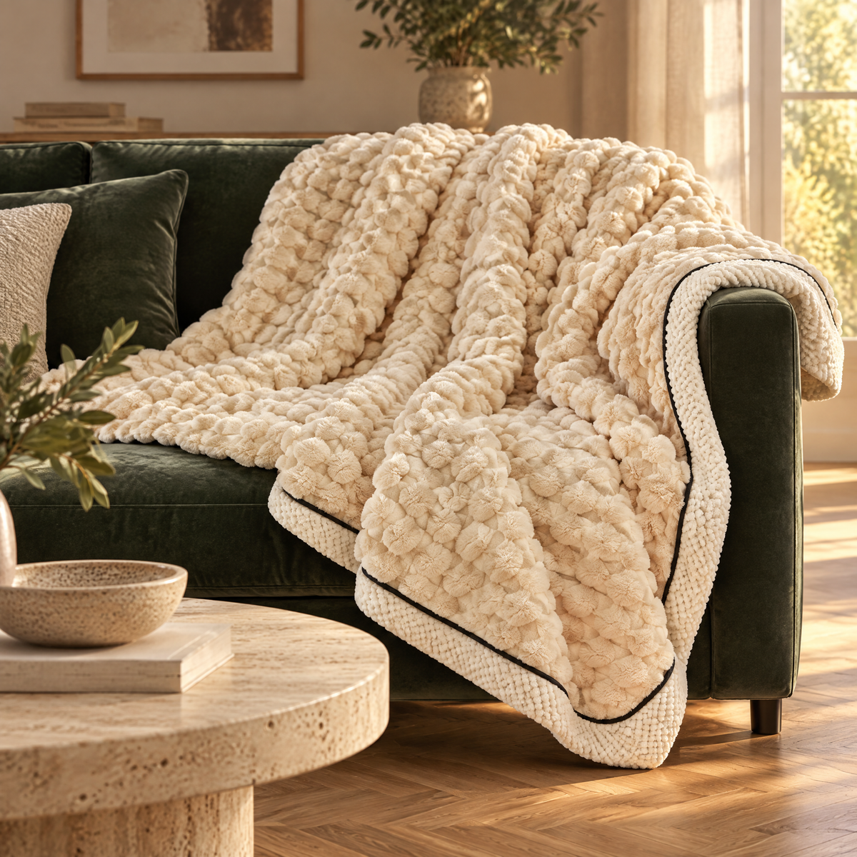 Flauschiges Sherpa-Plaid in Beige über der Lehne eines dunkelgrünen Samtsofas