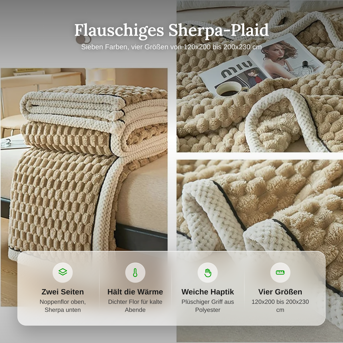Merkmale des Sherpa-Plaids: zwei Seiten, wärmend, weiche Haptik, vier Größen