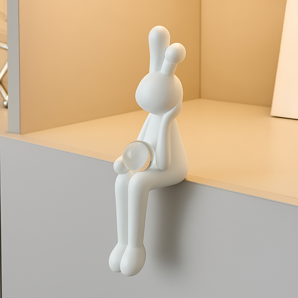 Glänzend Weißer Osterhase - Harz Hase Figur mit Kristallkugel für Osterdeko