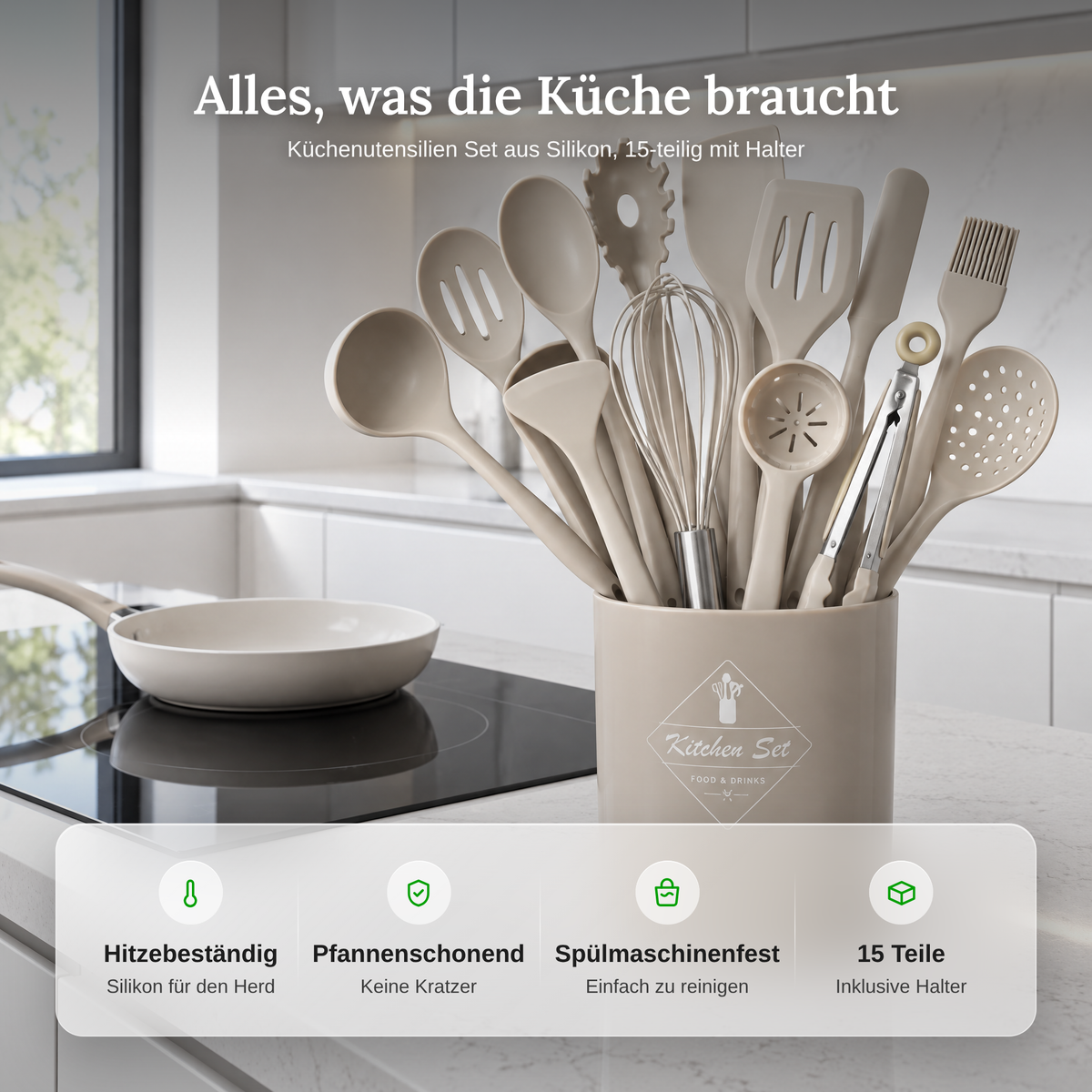 Vorteile des Küchenutensilien Sets: hitzebeständig, pfannenschonend, spülmaschinenfest, 15 Teile