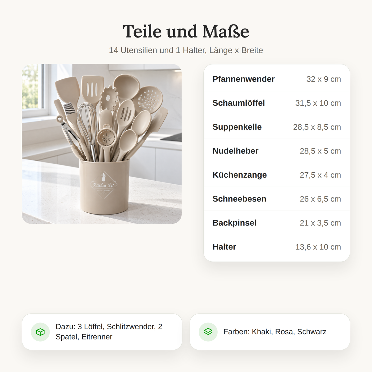 Teile und Maße des Küchenutensilien Sets mit Halter