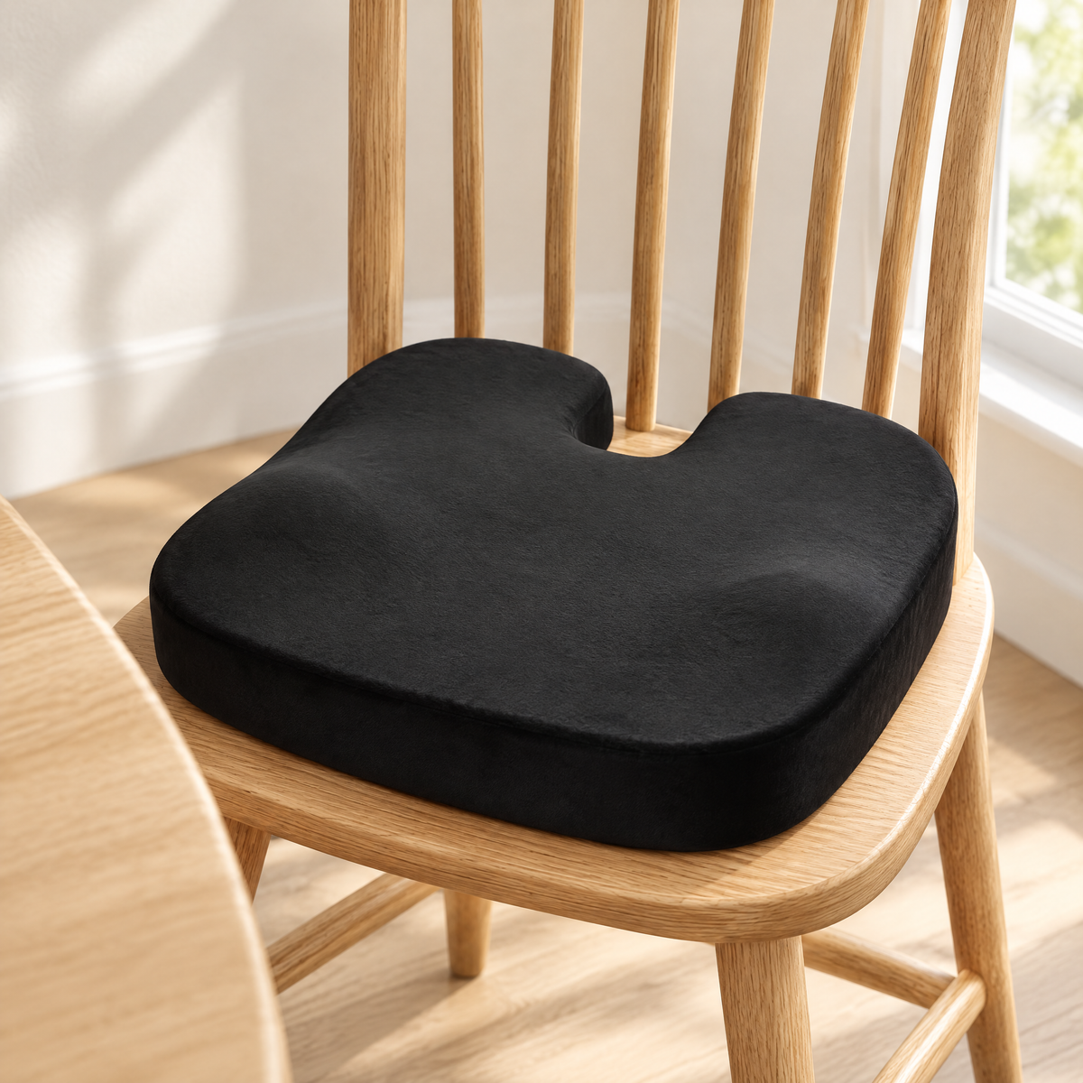 Sitzkissen mit Gel-Einlage in Schwarz auf einem Esszimmerstuhl aus Eiche