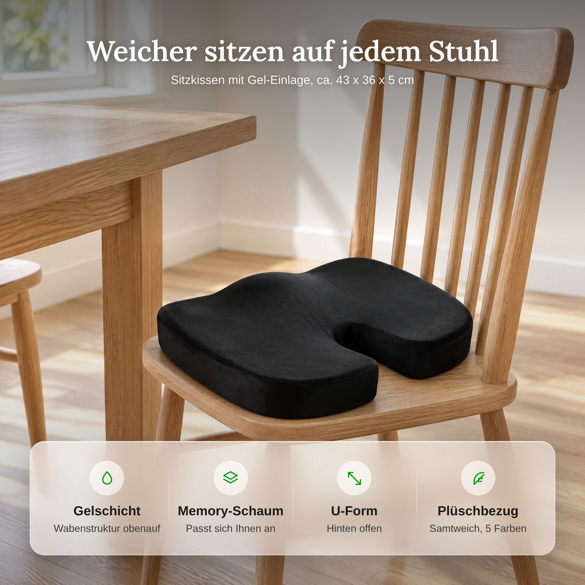 Vorteile: Gelschicht, Memory-Schaum, U-Form, Plüschbezug in 5 Farben