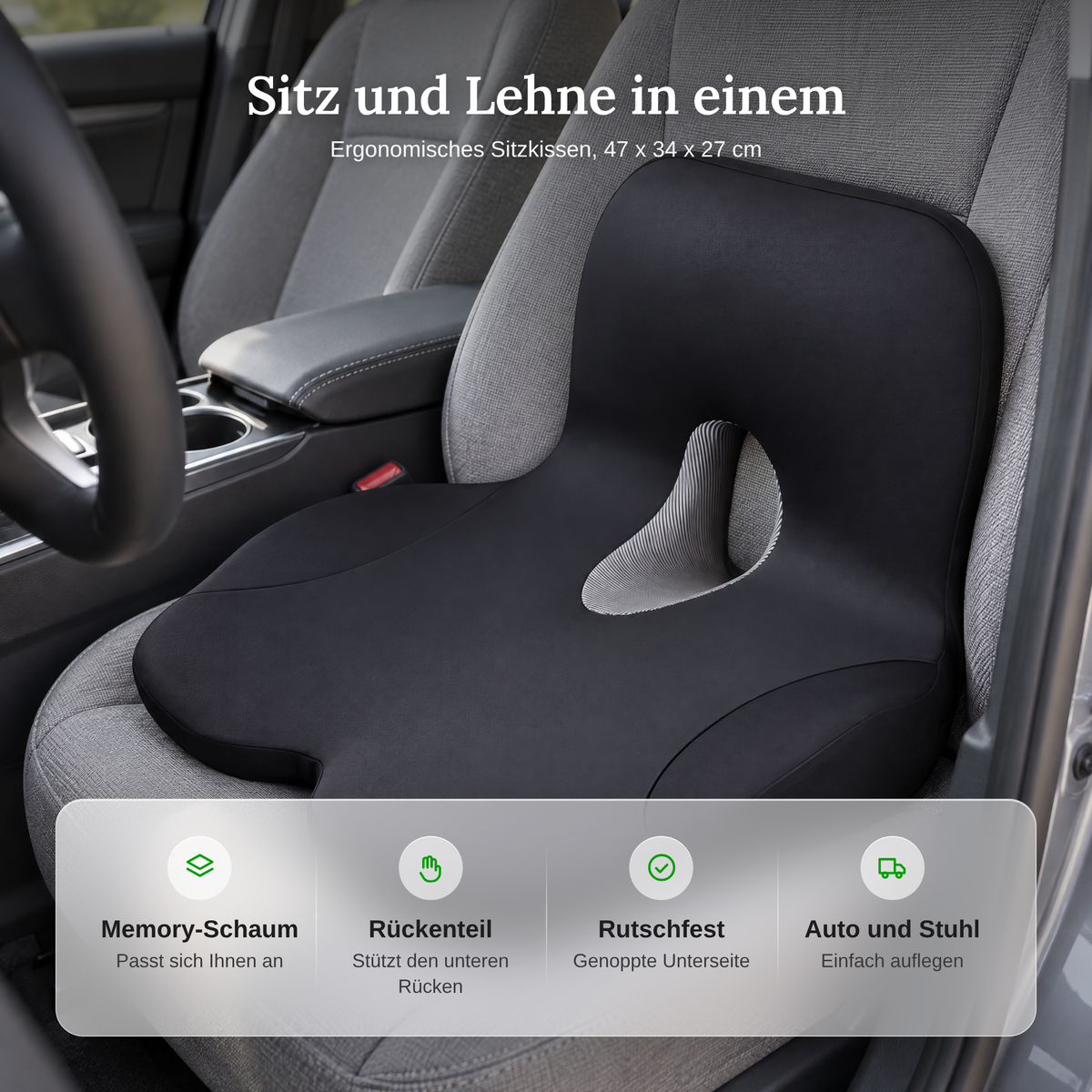 Vorteile: Memory-Schaum, integriertes Rückenteil, rutschfeste Unterseite, für Auto und Stuhl