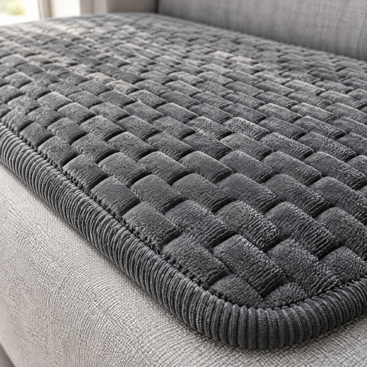 Nahaufnahme des Sofa Überwurfs: kurzer Plüsch, plastisches Steppmuster und gerippter Cord Rand