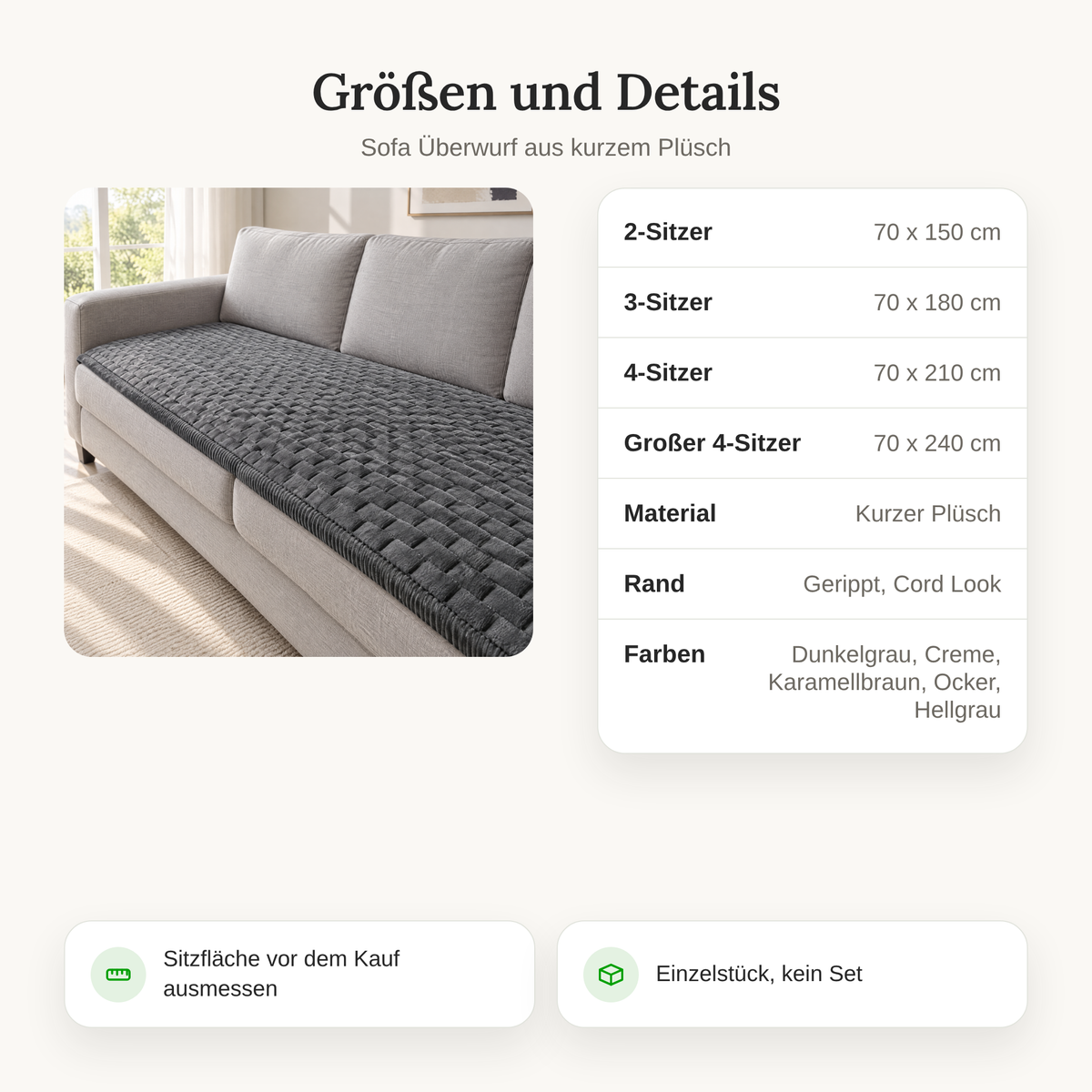 Größen und Details des Sofa Überwurfs: 70 x 150, 70 x 180, 70 x 210 und 70 x 240 cm, kurzer Plüsch, 5 Farben