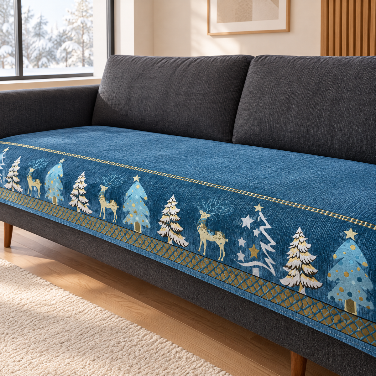Sofabezug Weihnachten in Blau mit Tannen und Hirschen auf einem Sofa